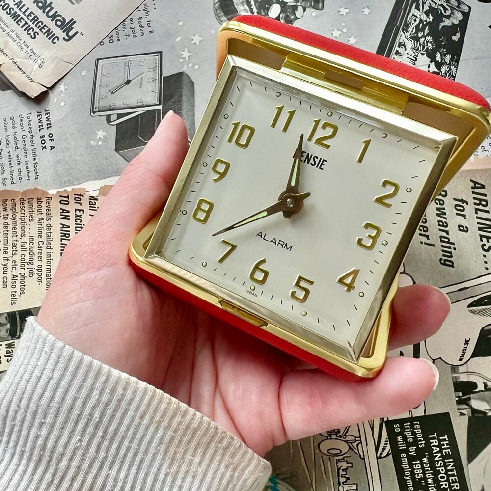 Vintage 1950s‎ Rensie Red Travel Alarm Clock Japan Brass Folding Case Working